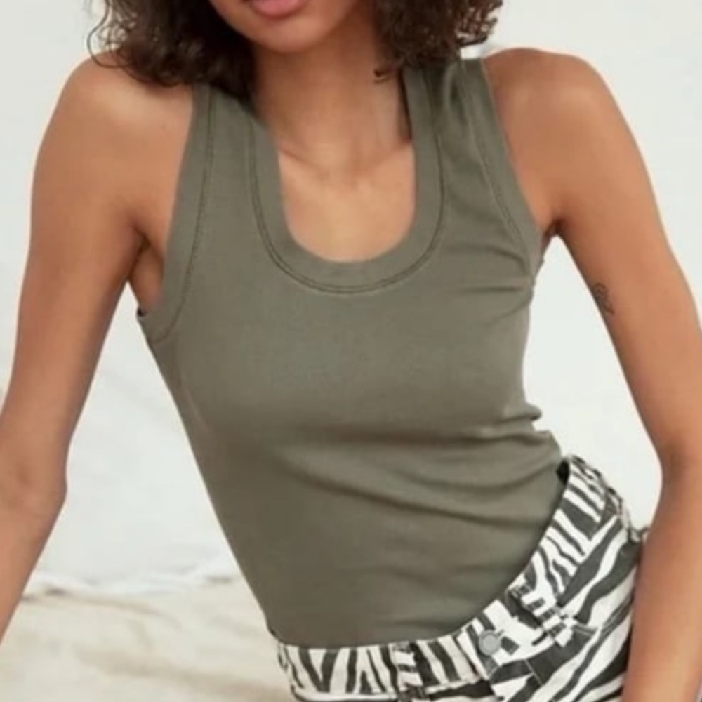 Free People U-Neck Ribbed Tank Top in Army Dust NWOT